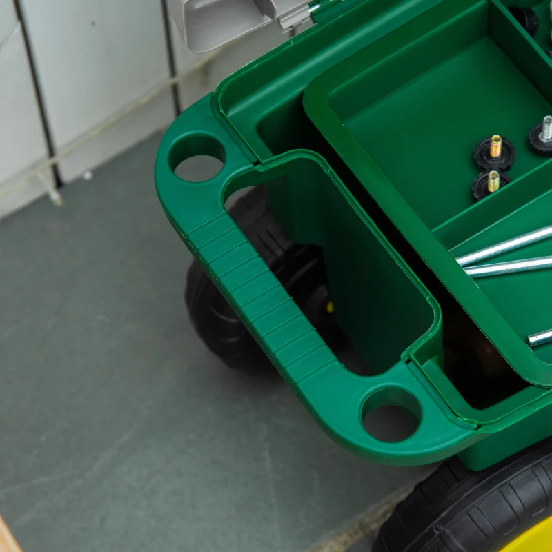 Outsunny Plastic Tool Box with Wheels, Portable Tool Box Organizer, Gardeners Tool Cart and Seat with Removable Tool Tray for Home, Craftsman and Garage