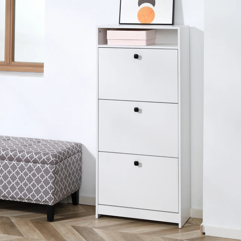 HOMCOM Slim Shoe Storage, Trendy Shoe Rack with 3 Large Fold-Out Drawers & a Spacious Top Surface, White
