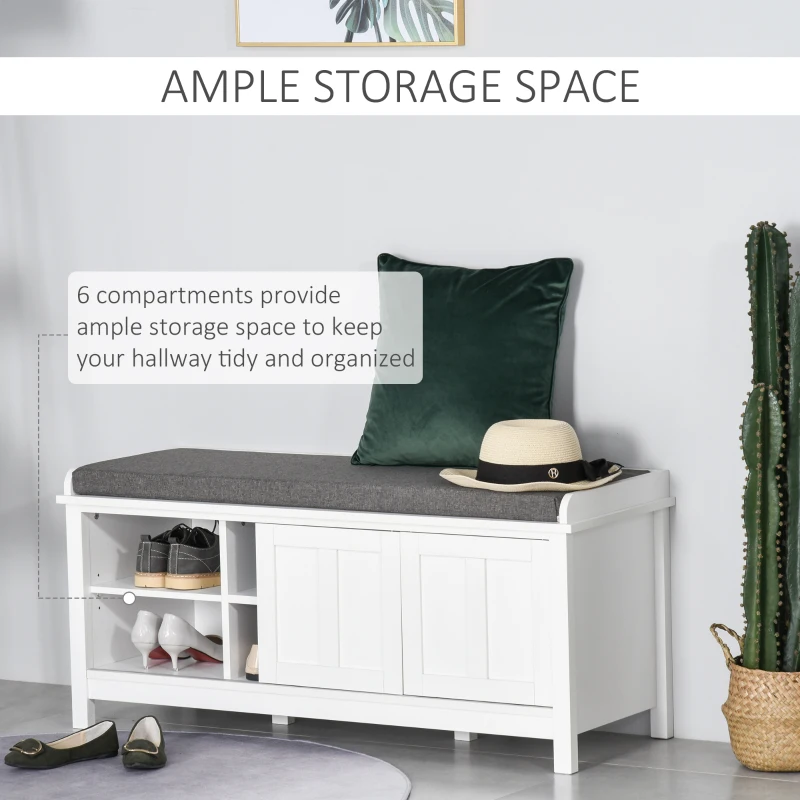 HOMCOM Entryway Shoe Bench Storage Ottoman with Sliding Doors, Adjustable Shelving, 6 Compartments, and Padded Seat, Holds 10 Pairs, White