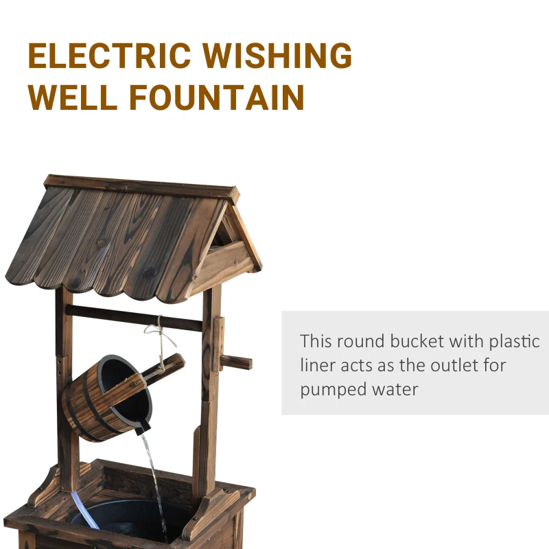 Outsunny Outdoor Wooden Wishing Well Fountain with Adjustable Water Flow Rate, Outdoor Rustic Waterfall Fountain with Electric Pump, Water Bucket, for Backyard Patio Garden Lawn, Carbonized Finish