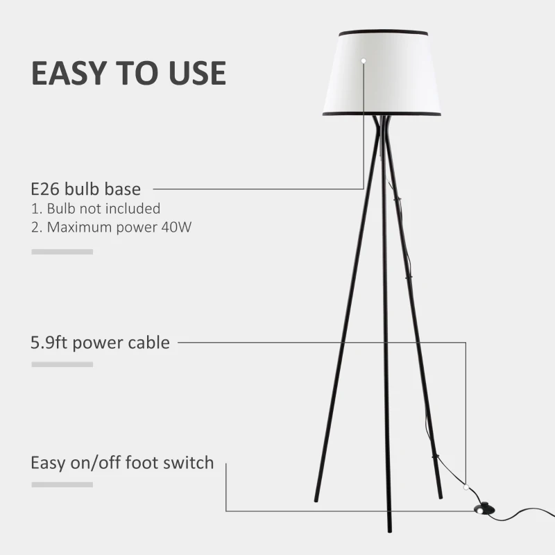 HOMCOM Modern Tripod Floor Lamp, Freestanding Lamp w/ Fabric Lampshade and E26 Base for Living Room, No Bulb - Black