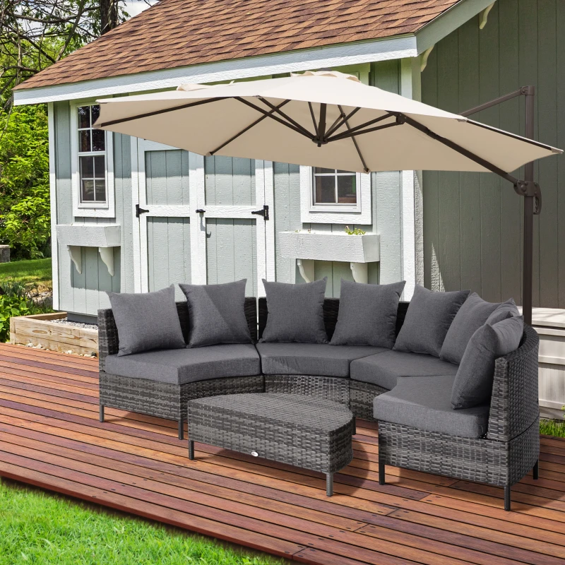 Outsunny 5PC Patio Furniture Set Outdoor Garden Rattan Wicker Sofa Cushioned Half-Moon Seat Deck with Pillow, Table, Grey