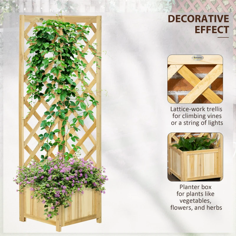 Outsunny Wooden Raised Garden Bed, Planter with Trellis for Vine Climbing and Vegetables, Herbs and Flowers Growing, Natural