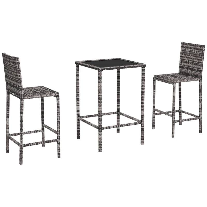 Outsunny 3 Piece Patio Bar Set Wicker Rattan Garden Bistro Set Barstool and Table for Patio Backyard Balcony Poolside, Grey