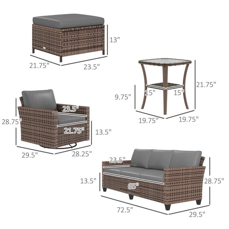 Outsunny 6-Piece Rattan Patio Furniture Set with 3-Seater Sofa, Swivel Rocking Chairs, Footstools, 2 Tier Table, Mixed Brown