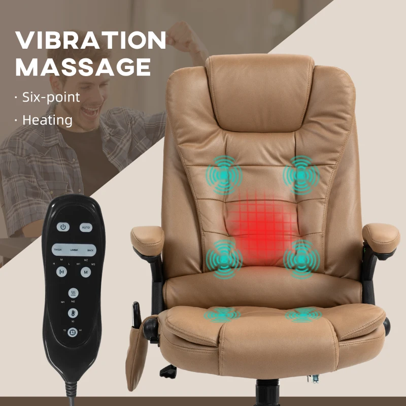 Vinsetto 6 Point Vibrating Massage Office Chair with Heat, Microfiber Massage Desk Chair with Reclining Backrest, Light Brown