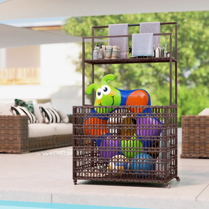 Outsunny Wicker Pool Float Storage Organizer, PE Rattan Pool Float Holder with Basket Shelf Towel Bars, Rolling Pool Caddy for Floaties, Noodles, Life Vests, Beach Balls, Mixed-Brown