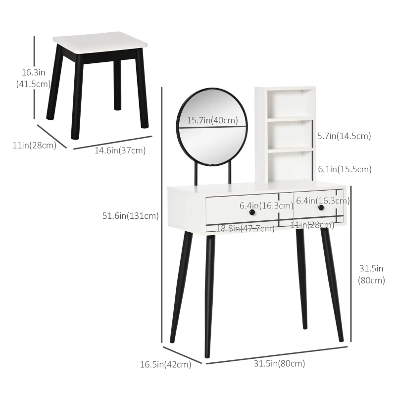 HOMCOM Vanity Table with Stool, Makeup Vanity with Wood Dressing Table with Storage Drawers and Shelf for Bedroom, White and Black