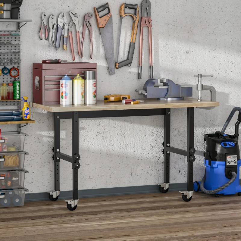 HOMCOM 59" Work Bench with Height Adjustable Legs, Bamboo Tabletop Workstation Tool Table on Wheels for Garage, Weight Capacity 1320 Lbs, Black/Natural