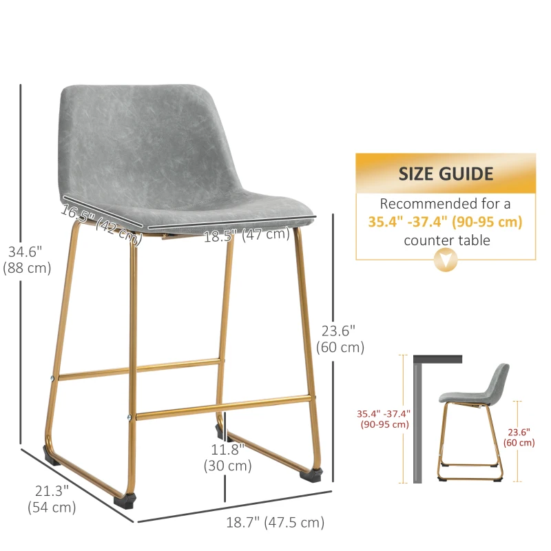 HOMCOM Counter Height Stools Set of 2, PU Leather Upholstered Stools for Kitchen Island, Modern Bar Chairs, Light Grey