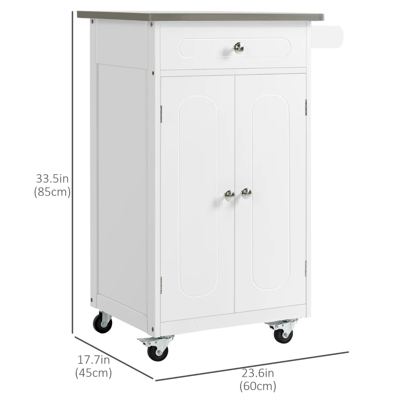 HOMCOM Kitchen Cart, Small Kitchen Island, Stainless Steel Top Utility Trolley on Wheels with Storage Drawer for Dining Room, Kitchen (White)
