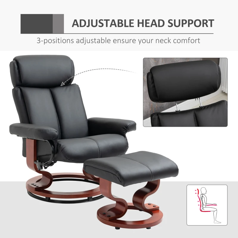 HOMCOM Recliner Chair with Ottoman, 360° Swivel Reclining Chair with Wood Base and Matching Footrest, Black