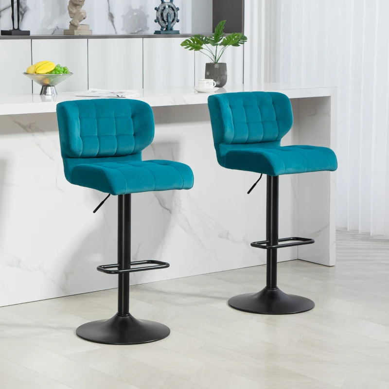 HOMCOM Swivel Tufted Velvet-feel Fabric Barstools Set of 2 Adjustable Bar Stools with Footrest for Counter Dining Room Blue