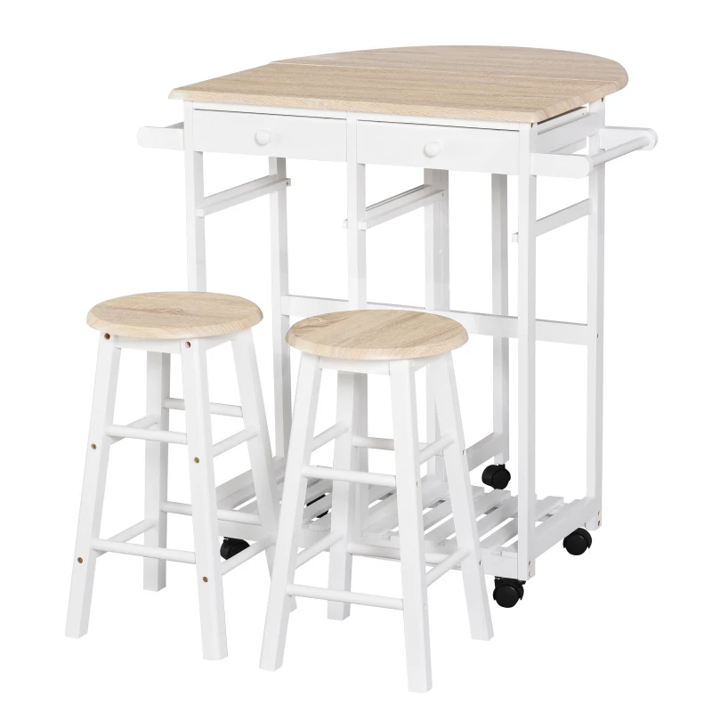 HOMCOM Kitchen Trolley 3 Piece Kitchen Cart Set Drop Leaf Breakfast Table and 2 Stools w/ Rolling Wheels & Towel Bars, Wood & White