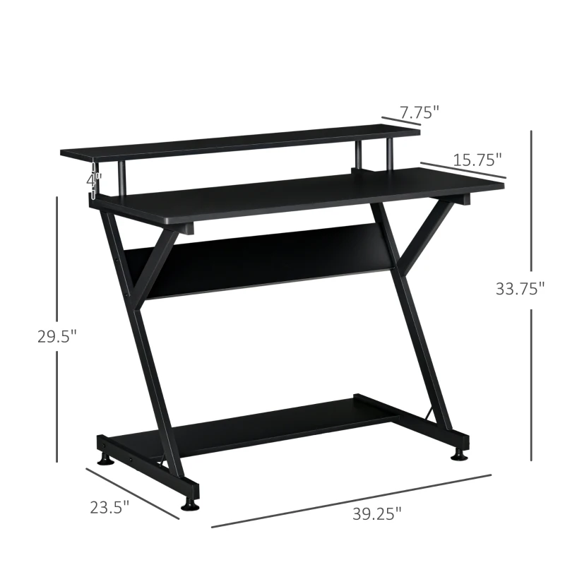 HOMCOM 39" Compact Computer Desk, Industrial Z-Shaped Writing Desk with Monitor Shelf and Storage, Workstation for Home Office, Black