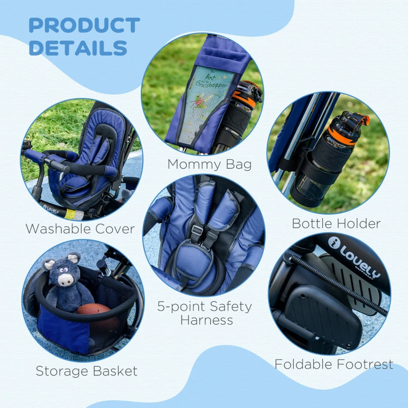 Qaba 6 in 1 Tricycle for Toddler 1-5 Years with Parent-Push Handle, Dark Blue