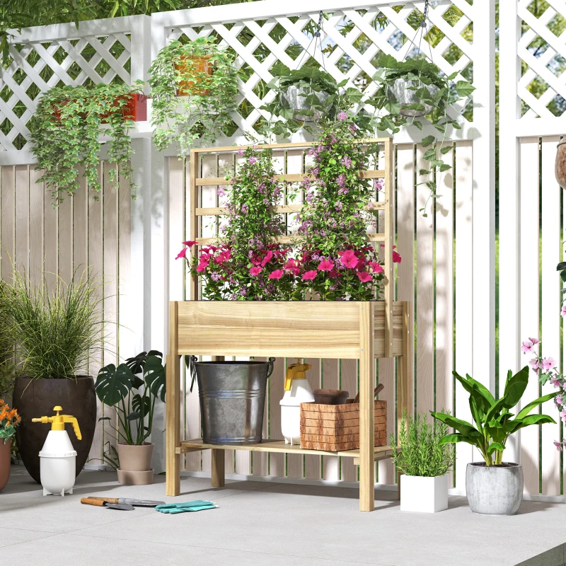 Outsunny Wooden Raised Garden Bed with Trellis, Outdoor Planter Box with Storage Shelf for Vegetables, Flowers, Herbs