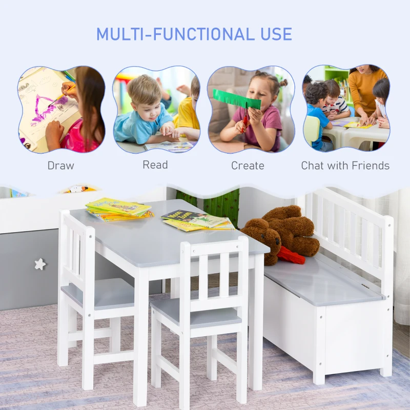 Qaba 4-Piece Set Kids Wood Table Chair Bench with Storage Function Gift for Toddlers