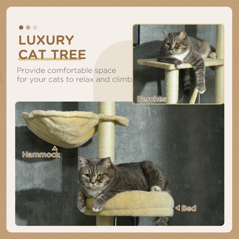 PawHut Floor to Ceiling Cat Tree, Cat Climbing Tower with Platforms, Bed, Hammock, Scratching Posts, Toy Balls, Beige