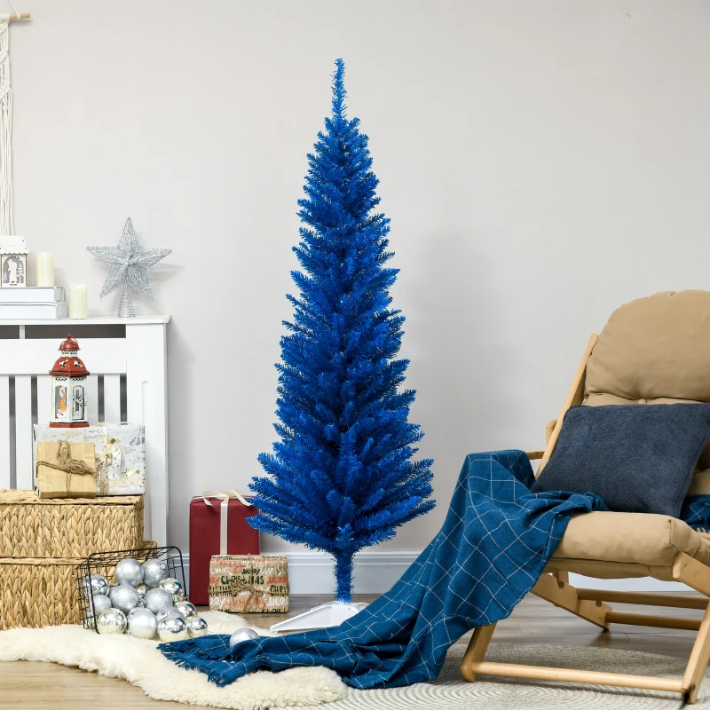 HOMCOM 5FT Decorated Christmas Tree, Pencil Christmas Tree with 294 Realistic Branch Tips and Plastic Stand, Blue