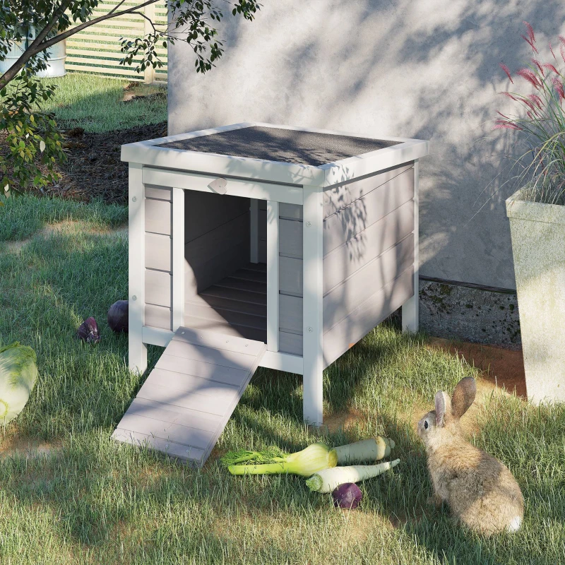 PawHut Wooden Rabbit Hutch Bunny Cage Outdoor Cat House Guinea Pig Cage Duck Shelter, Indoor Outdoor Use, 20"x16.5"x17", Grey