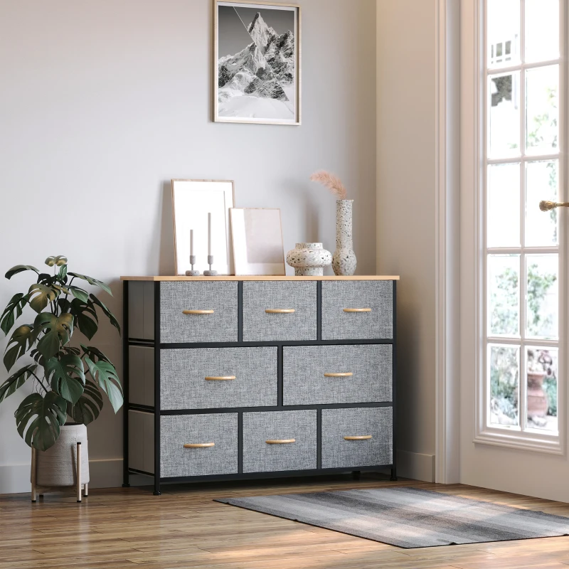 HOMCOM 8-Drawer Dresser, 3-Tier Fabric Chest of Drawers, Storage Tower Organizer Unit with Steel Frame for Bedroom, Hallway, Light Gray