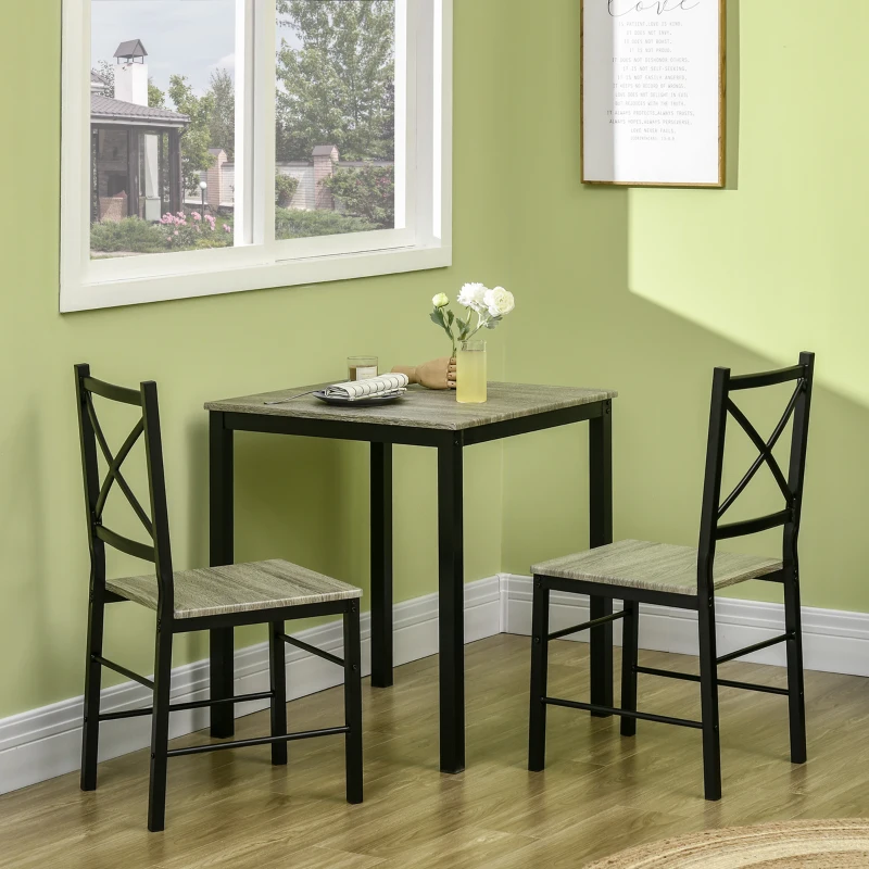 HOMCOM Industrial Dining Table Set of 3, Square Kitchen Table with 2 Chairs Steel Frame Footrest for Small Space, Grey