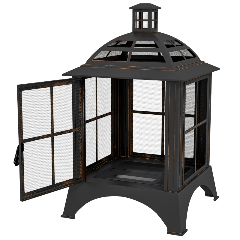 Outsunny Wood-Burning Fire Pit, Chimney Style Firepit with Poker, 28" x 28", Black