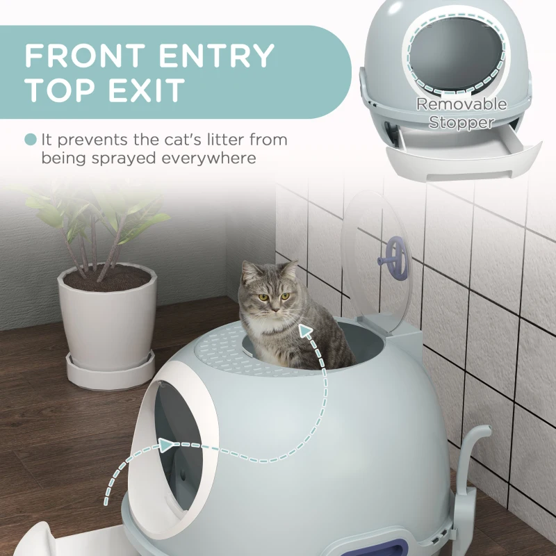 PawHut Cat Litter Box Toilet with Lid, Covered Litter Box with Scoop, Enclosed Drawer, and Skylight, Blue