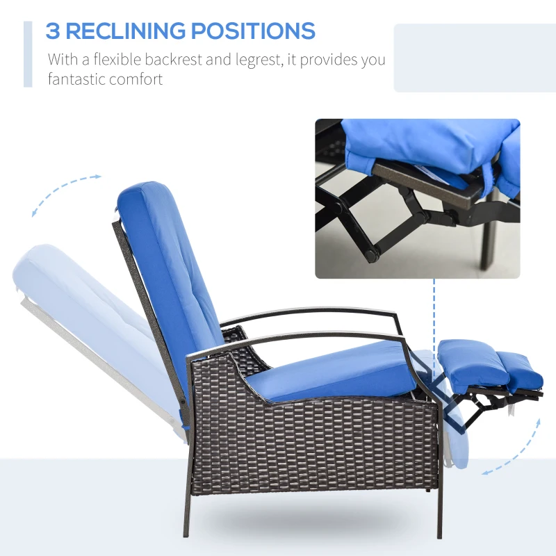 Outsunny Outdoor Recliner Chair, Reclining Patio Lounge Chair with Comfy Cushions, Footrest, Armrests, PE Wicker for Balcony, Porch, Blue