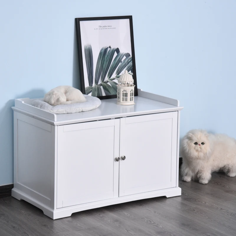 PawHut 37.5" Wooden Covered Mess Free Cat Litter Box End Table Hideaway Cabinet with Storage for Accessories, White