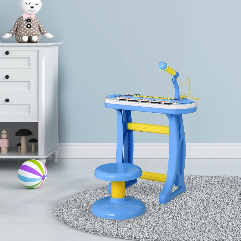 Qaba 31-Key Kids Toy Keyboard Piano, Electronic Musical Instrument with Multiple Sounds, Stool, Microphone and Bright Flashing Lights, Blue