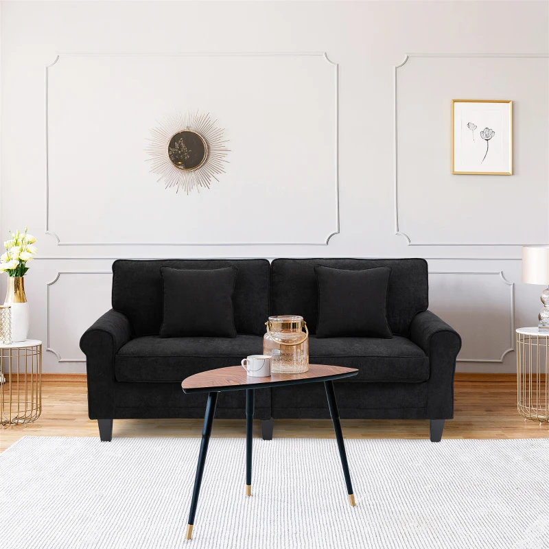 HOMCOM Modern 3-Seater Sofa 78" Thick Padded Comfy Couch with 2 Pillows, Corduroy Fabric Upholstery, Pine Wood Legs and Rounded Arms for Living Room, Black