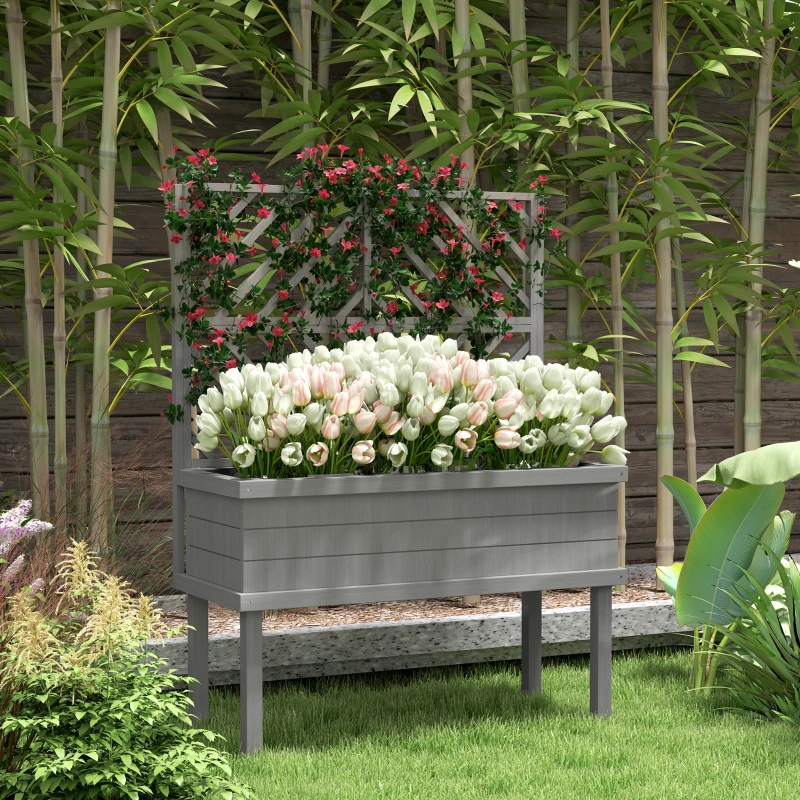 Outsunny Elevated Wood Planter with Trellis for Climbing Plants, Raised Garden Bed with Legs and Drainage Holes, Gray