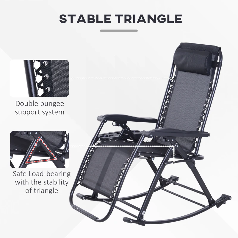 Outsunny Outdoor Rocking Chairs, Foldable Reclining Zero Gravity Lounge Rocker with Pillow, Cup & Phone Holder, Combo Design with Folding Legs, Black