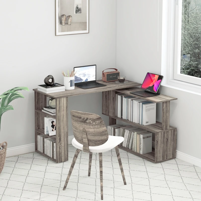 HOMCOM 360° Rotating L Shaped Desk, Corner Computer Desk with Storage Shelves for Home Office, Grey