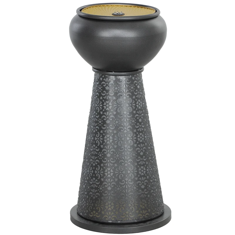 Outsunny 28" Tall Outdoor Water Fountain with LED Lights, Bowl Garden Waterfall Fountain with Adjustable Flow, Outdoor Water Feature with Cut-out Floral Base, Dark Grey and Yellow