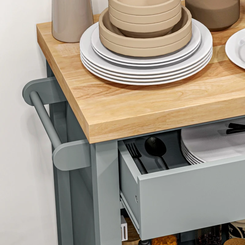 HOMCOM Kitchen Cart on Wheels, Rolling Kitchen Island Cart with Wood Top, Towel Rack, Drawer and Shelf for Dining Area, Grey
