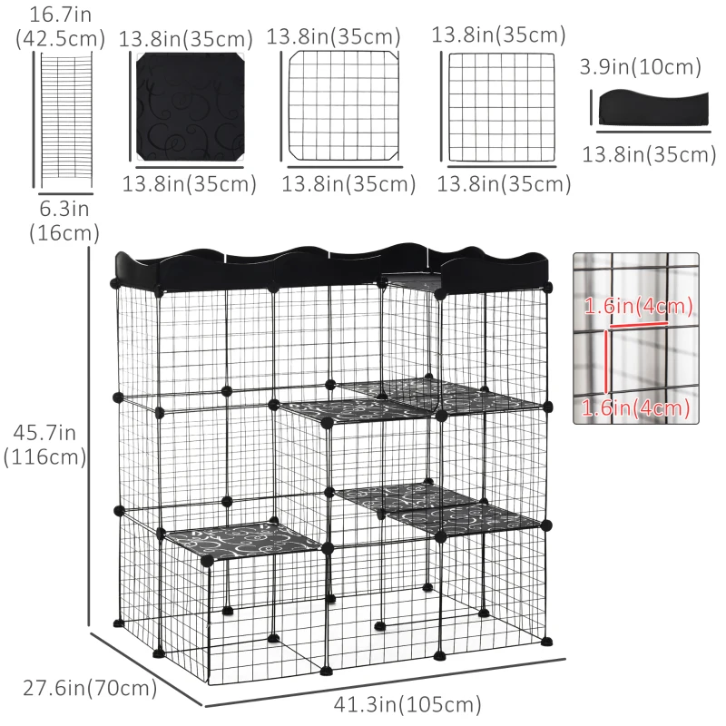 PawHut 40 Pcs Small Animal Cage Bunny Hutch Portable Metal Wire with Ramps for Kitten Rabbit, Black