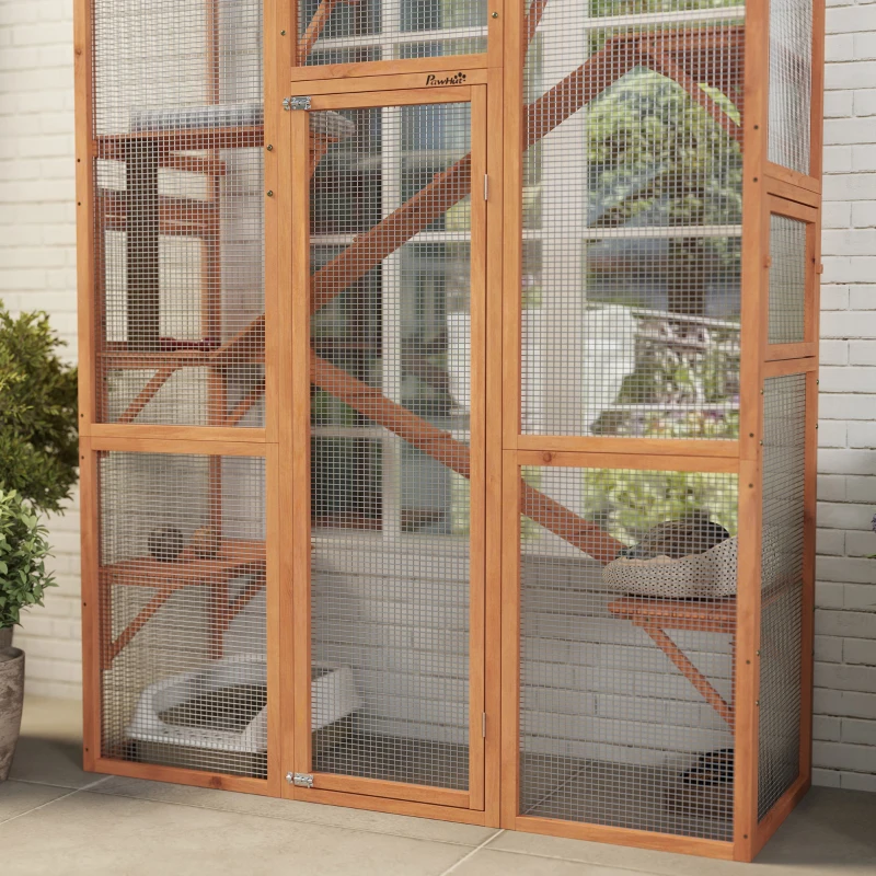 PawHut Outdoor Catio Cat Enclosure, Large Wooden Cat House with 6 Jumping Platforms, Scratching Post, 2 Ramps, for 2-3 Kittens