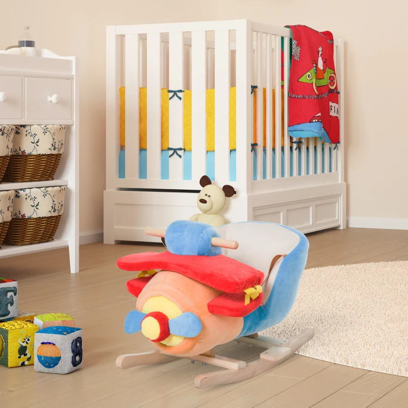 Qaba Kids Rocking Horse, Wooden Plush Ride-on Plane Chair Toy with Lullby Song and Seat Belt for 18 Month +