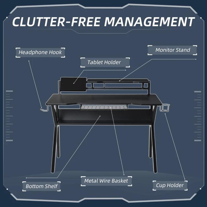 HOMCOM 47 inch Gaming Desk, Computer Table Workstation with Cup Holder, Headphone Hook and Surge Protector Basket for Home Office, Black & Red
