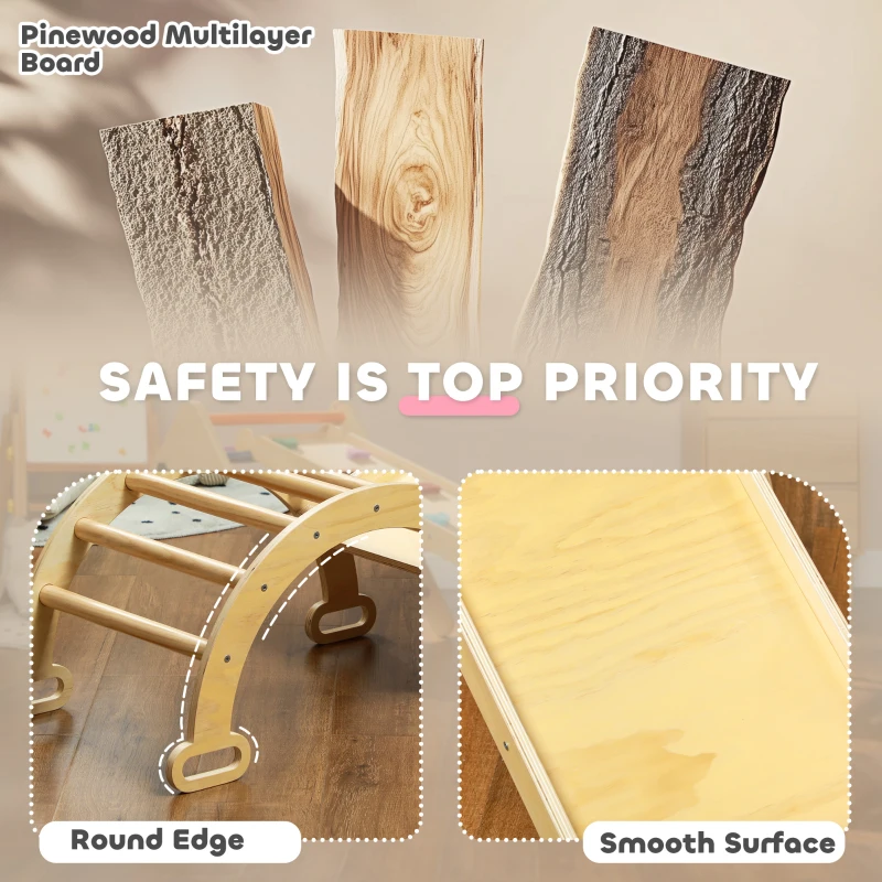 Qaba 5 in 1 Pikler Triangle Set with Ladder, Ramp, Arch, for 18-48 months, Nature Wood