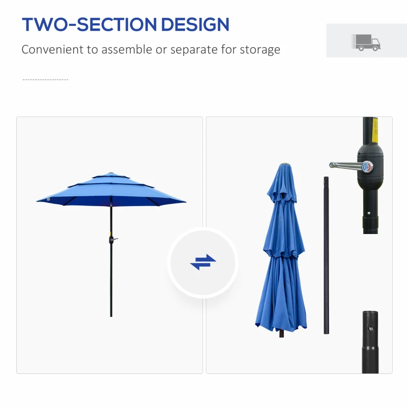 Outsunny 9FT 3 Tiers Patio Umbrella Outdoor Market Umbrella with Crank, Push Button Tilt for Deck, Backyard and Lawn, Dark Blue