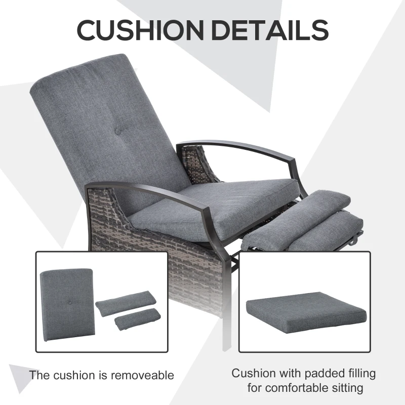 Outsunny Outdoor Recliner Chair, Reclining Patio Lounge Chair with Comfy Cushions, Footrest, Armrests, PE Wicker for Balcony, Porch, Grey