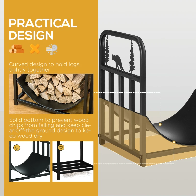 Outsunny Curved Firewood Rack with Bear and Pine Tree Design, 17 Inch Log Holder Storage Rack with 110 lbs. Capacity, Black