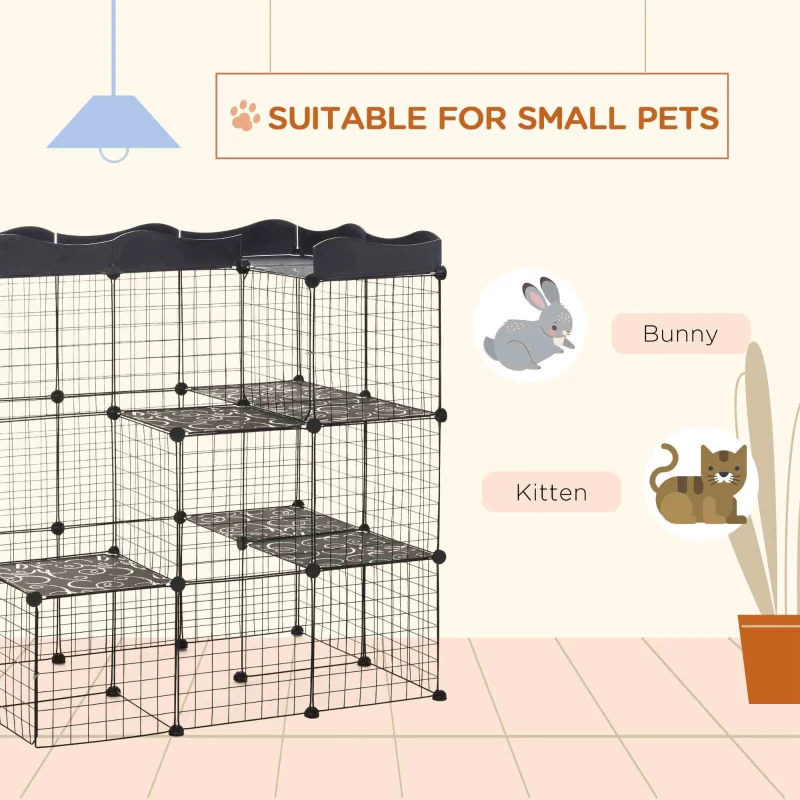 PawHut 34 Panels Pet Playpen, Small Animal Playpen with Doors, Ferret Cage, Portable Metal Wire Yard for Kittens, 41" x 27.5" x 46"