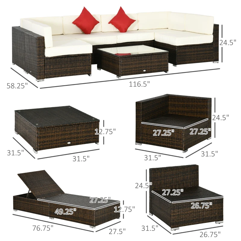 Outsunny 9-Piece Outdoor Patio Sectional Furniture Set, Throw Pillows, 8 Seat Sofa Set, 2 Reclining Chaise Lounge Chairs, Coffee Table, Wicker Conversational Couch, Cushions, Beige