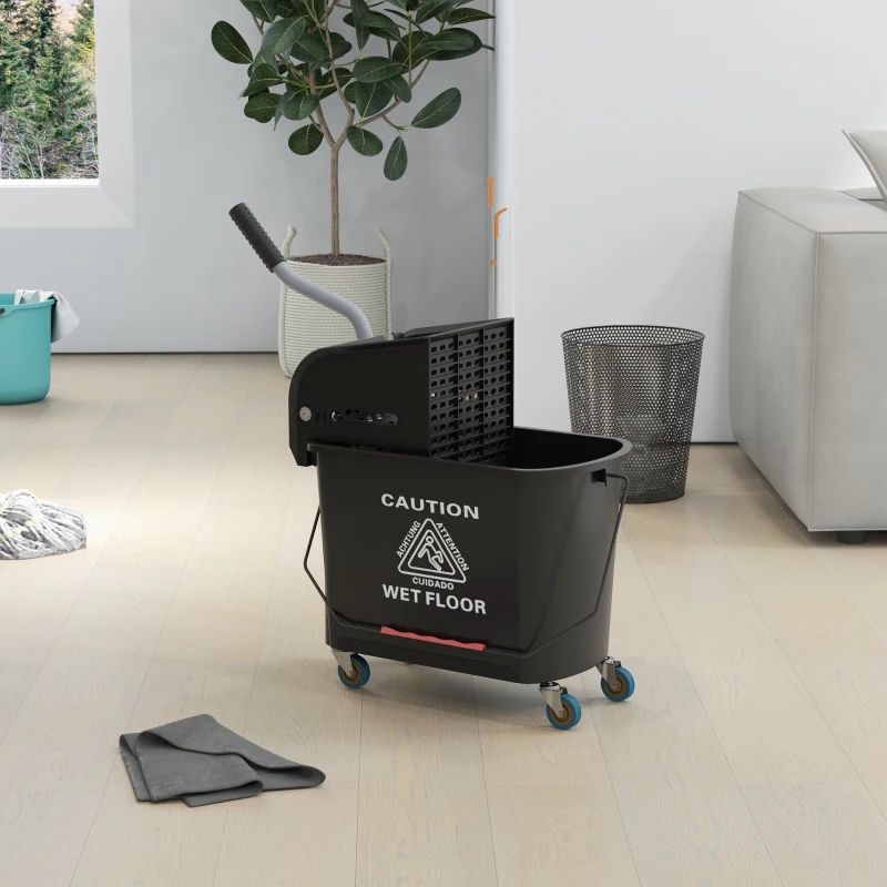 HOMCOM Compact Mop Bucket with Wringer, Mop Bucket on Wheels, 21 Quart, Separate Dirty and Clean Water, Black