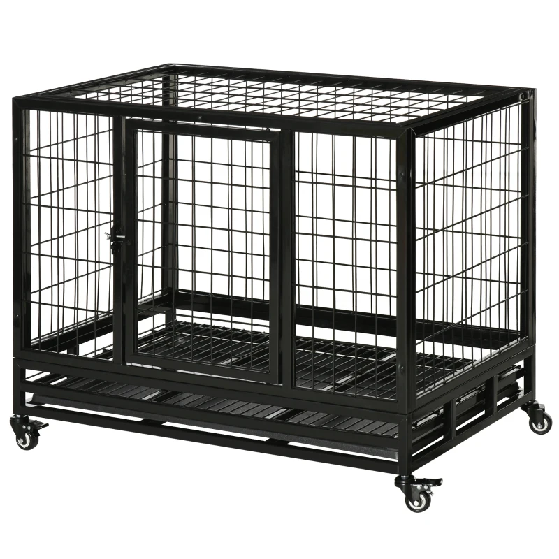 PawHut Heavy Duty Dog Crate Cage for Medium Small Dogs Cats with Two Doors, Lockable Wheels, Removable Tray, 36" x 24" x 27"